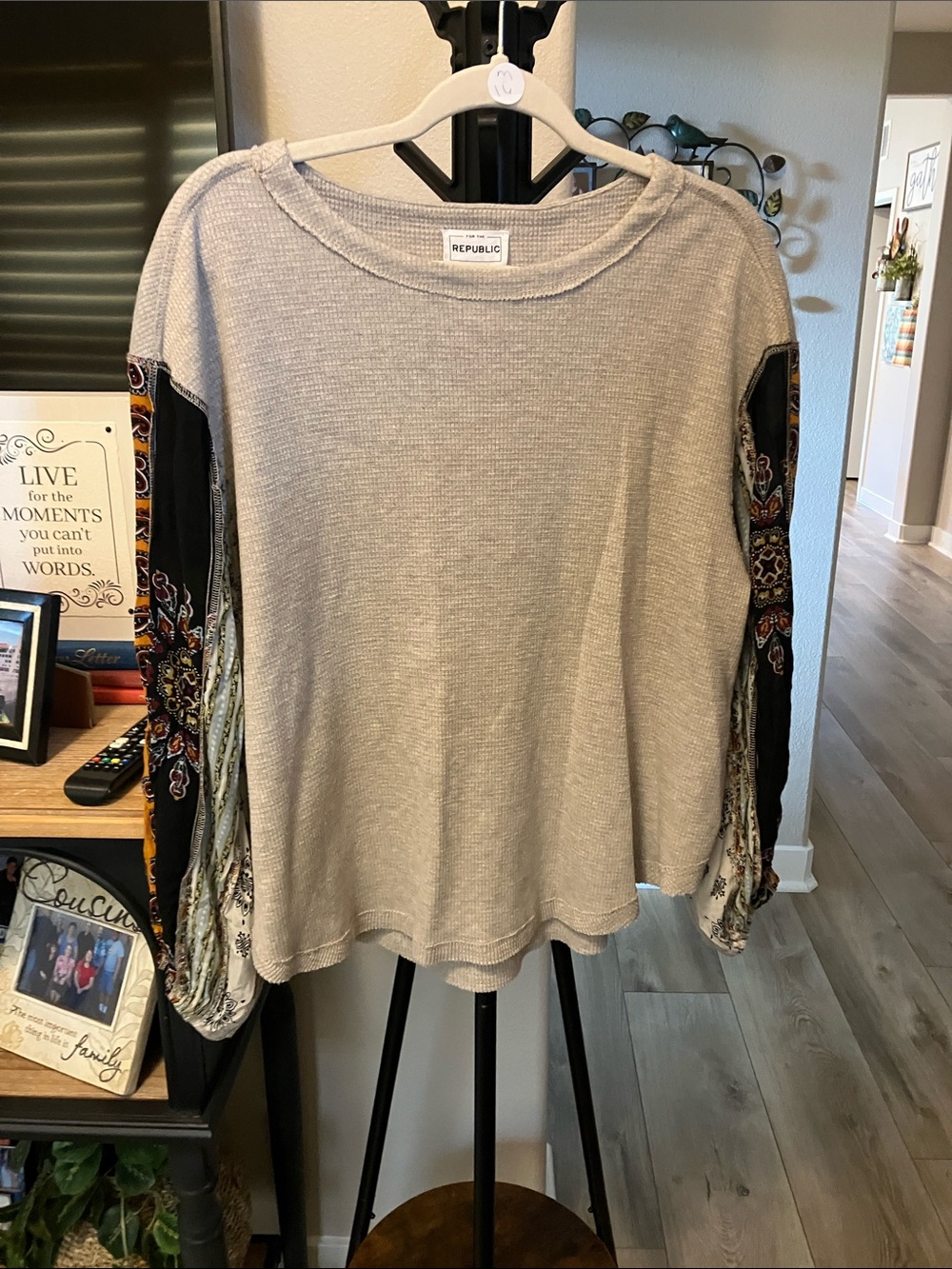 For The Republic Beige Knit Top with balloon patchwork sleeves